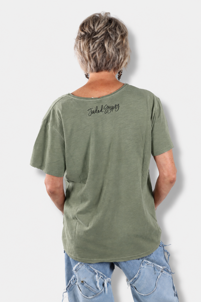 Moon Dance V-Neck Tee - Olive