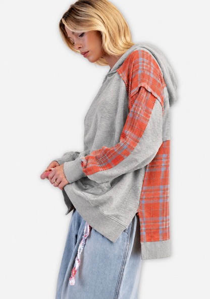 Plaid Mix Terry Hooded Pullover - Heather Gray