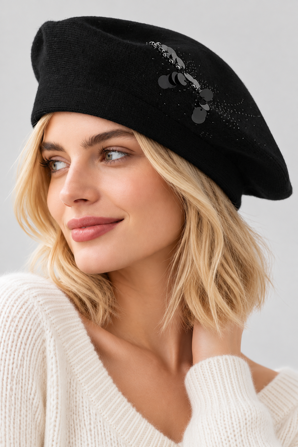 Bejeweled Sequin Knit Beret - Black