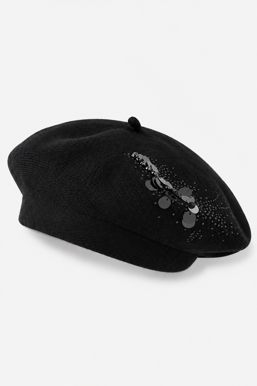Bejeweled Sequin Knit Beret - Black