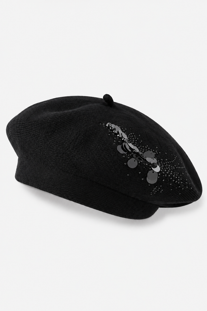 Bejeweled Sequin Knit Beret - Black