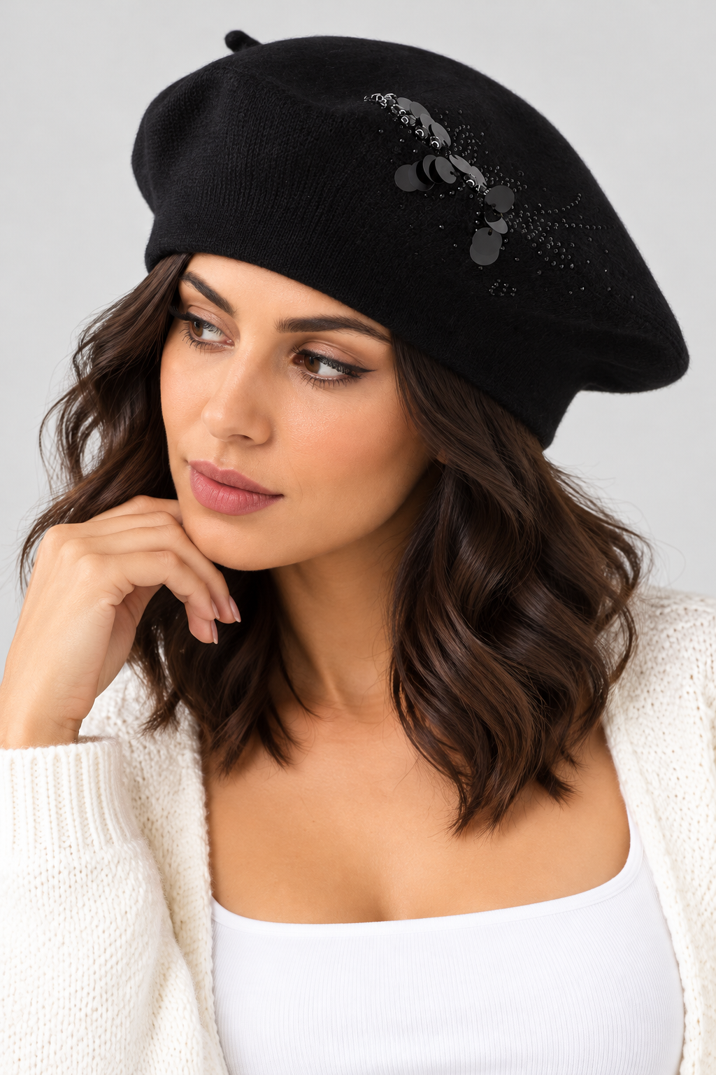 Bejeweled Sequin Knit Beret - Black