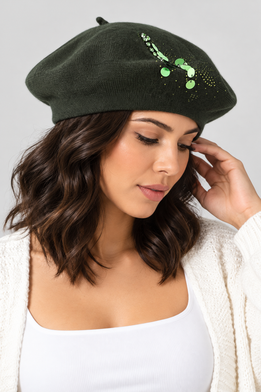 Bejeweled Sequin Knit Beret - Olive