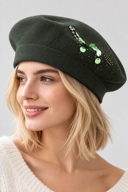 Bejeweled Sequin Knit Beret - Olive