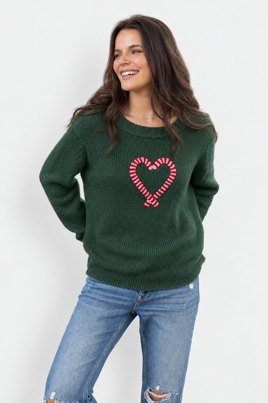Candy Canes Heart Crew Sweater - Kale Red & Snow