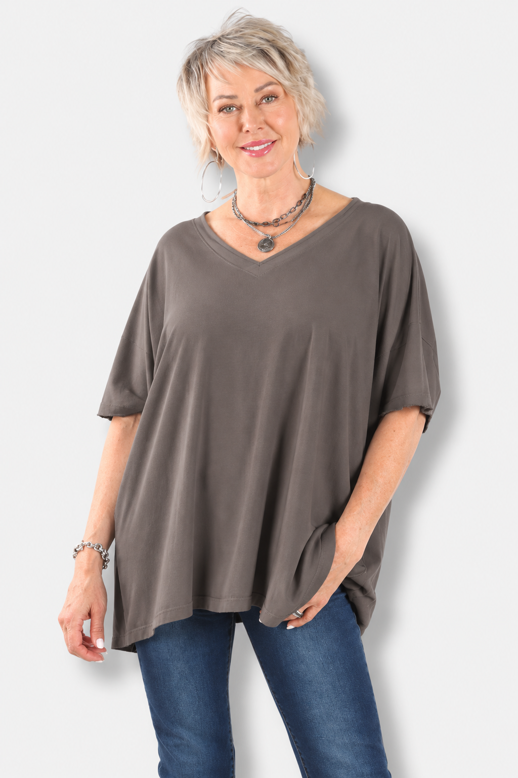 Elbow Sleeve V Tunic - Graphite