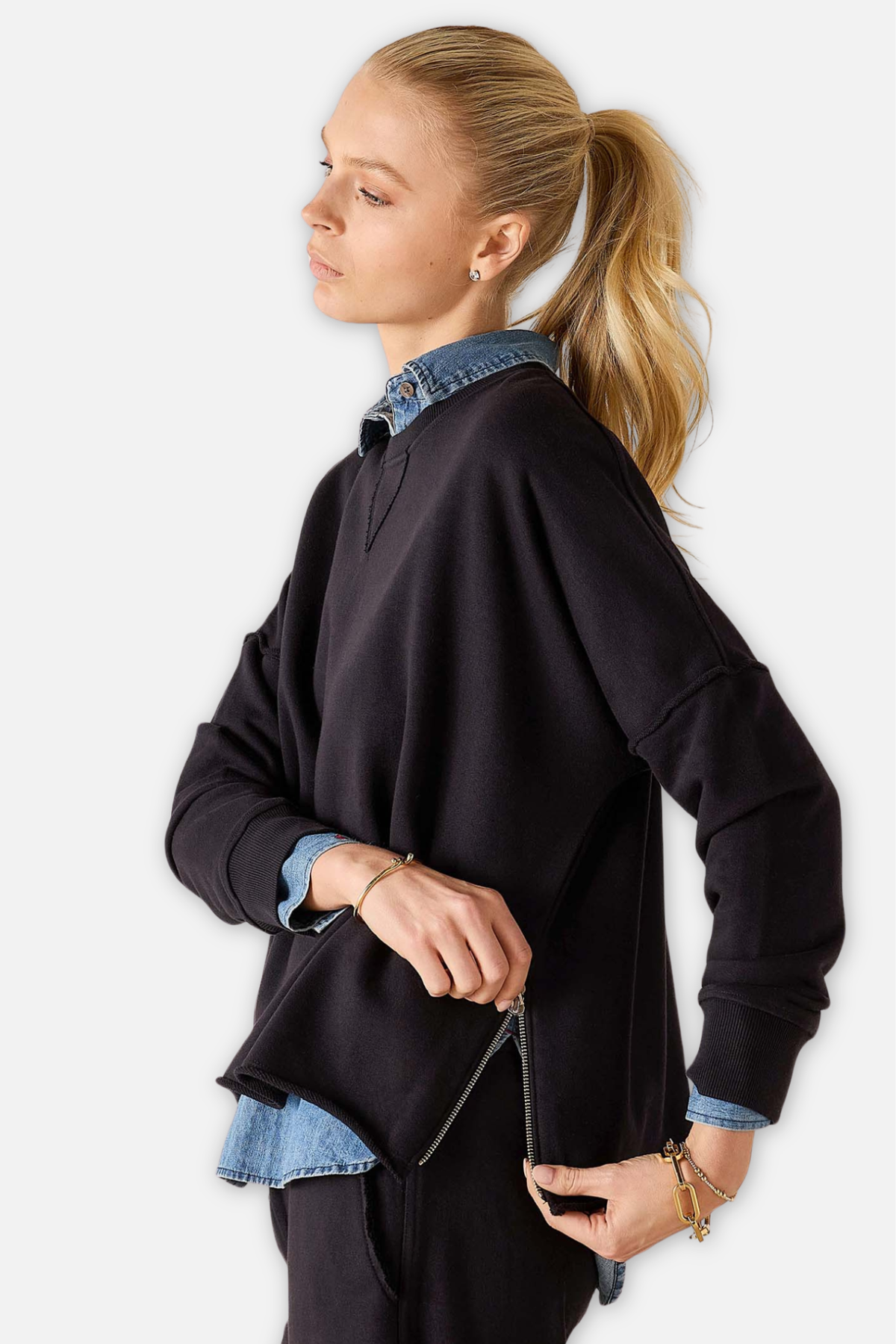 Frenchie Zip Side Crewneck - Black