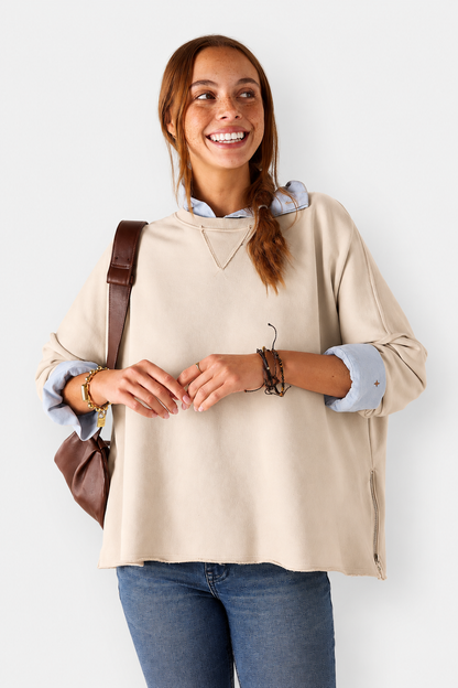 Frenchie Zip Side Crewneck - Bone