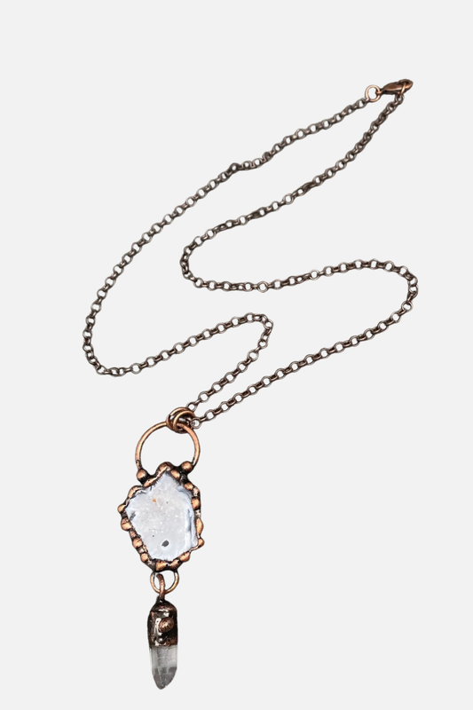 Vintage Onyx Geode & White Crystal Necklace