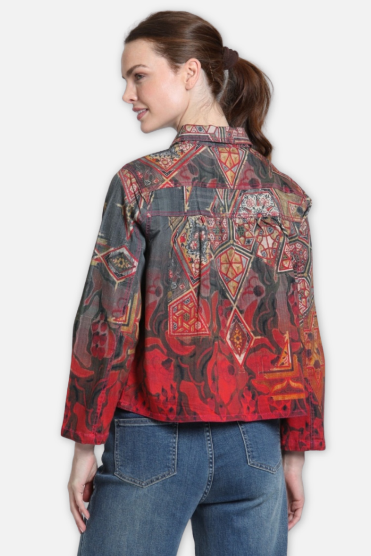 Printed Denim Jacket - Carbon & Crimson Spice