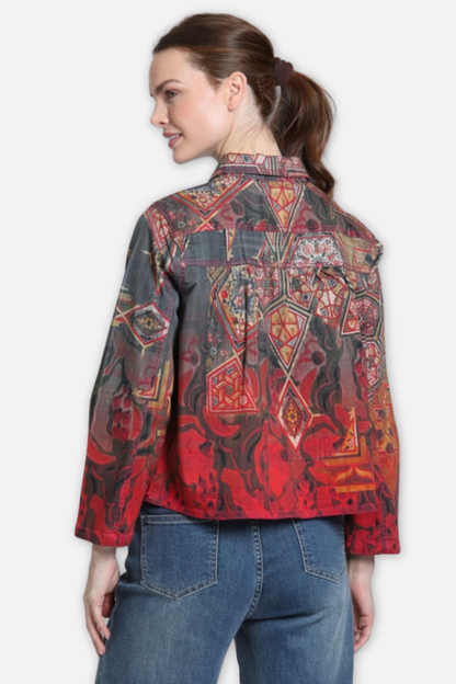 Printed Denim Jacket - Carbon & Crimson Spice