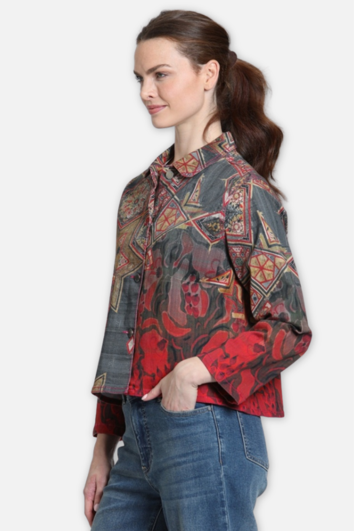 Printed Denim Jacket - Carbon & Crimson Spice
