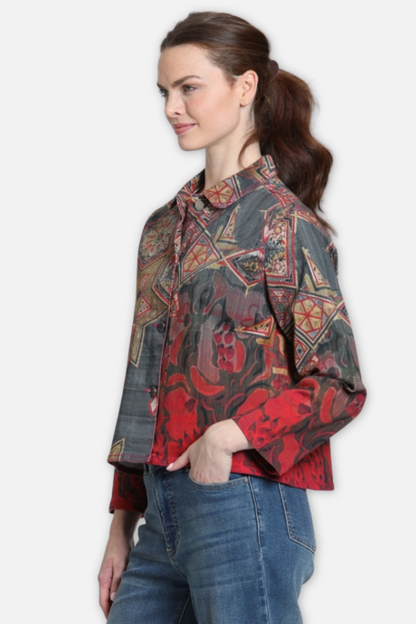 Printed Denim Jacket - Carbon & Crimson Spice