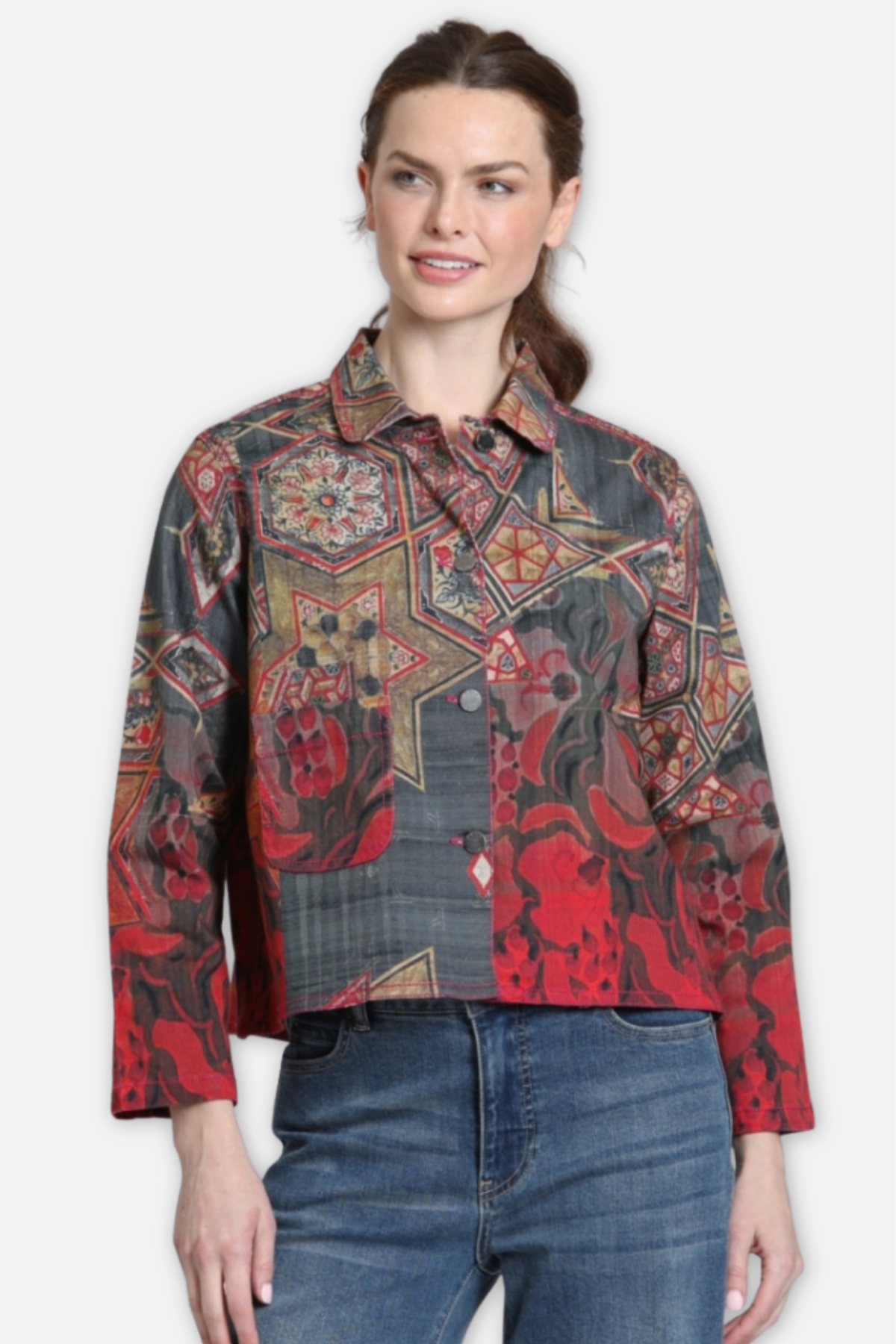 Printed Denim Jacket - Carbon & Crimson Spice