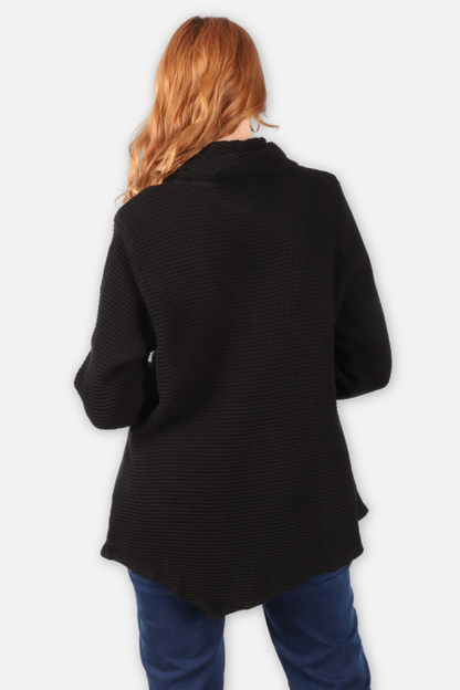 Waffle Asymmetric Cowl Tunic - Black