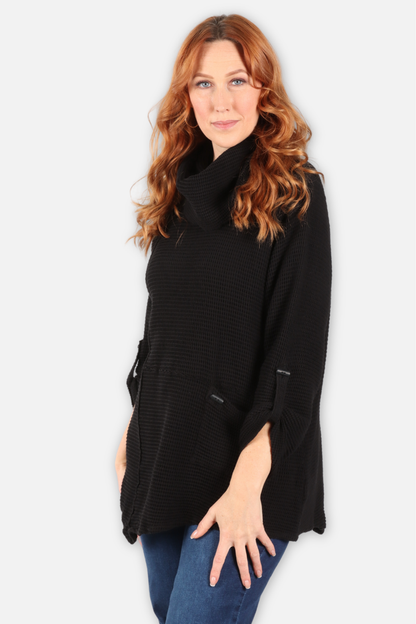 Waffle Asymmetric Cowl Tunic - Black