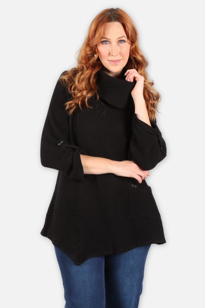 Waffle Asymmetric Cowl Tunic - Black