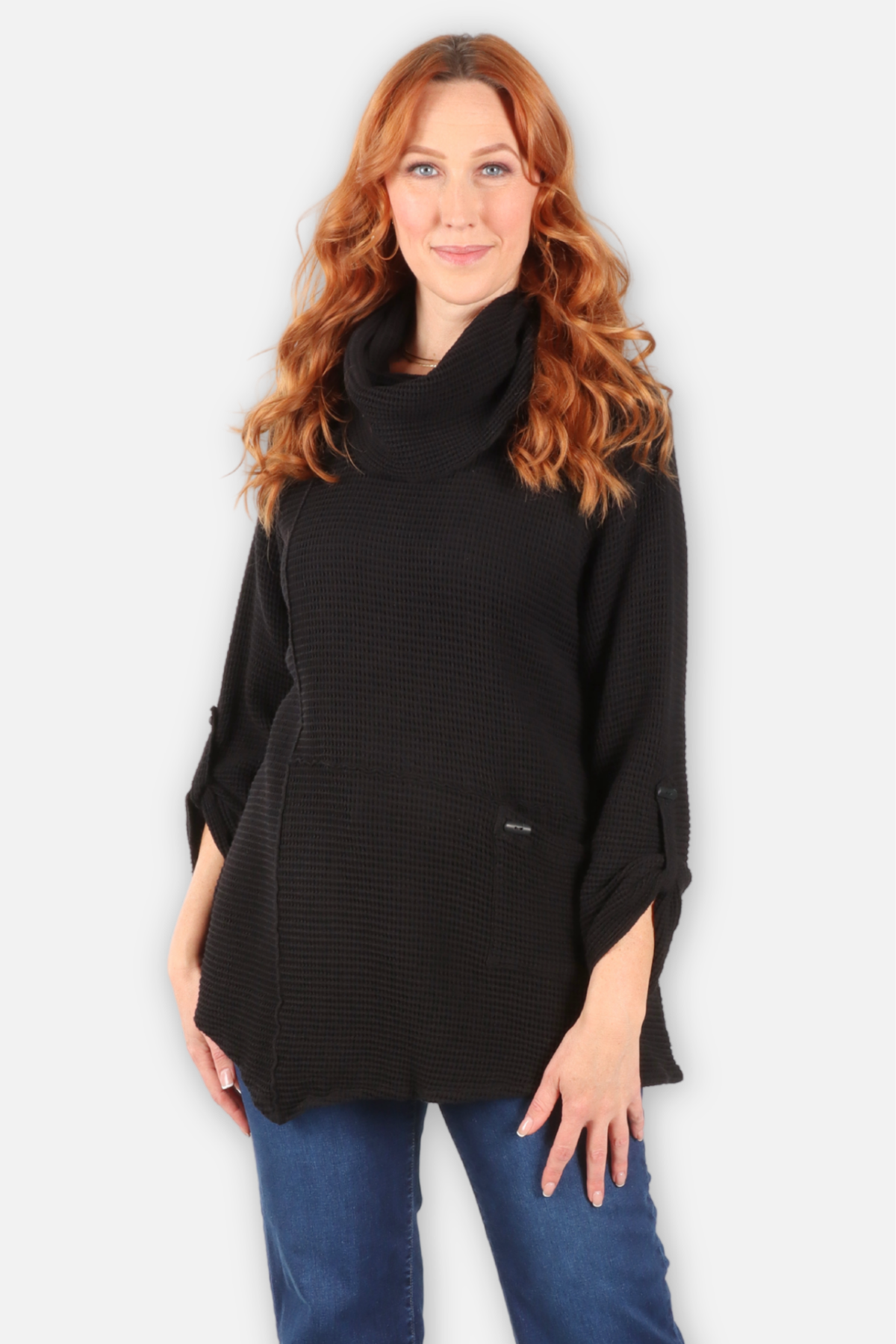 Waffle Asymmetric Cowl Tunic - Black