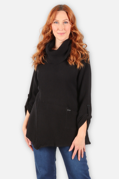 Waffle Asymmetric Cowl Tunic - Black