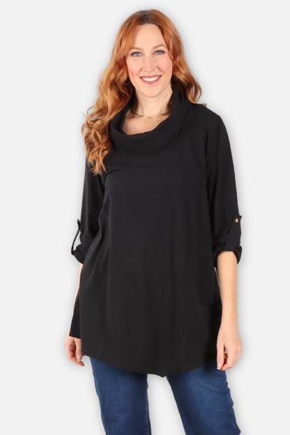 Cowl Neck Asymmetric Tunic - Black