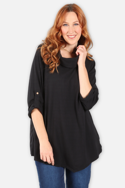 Cowl Neck Asymmetric Tunic - Black