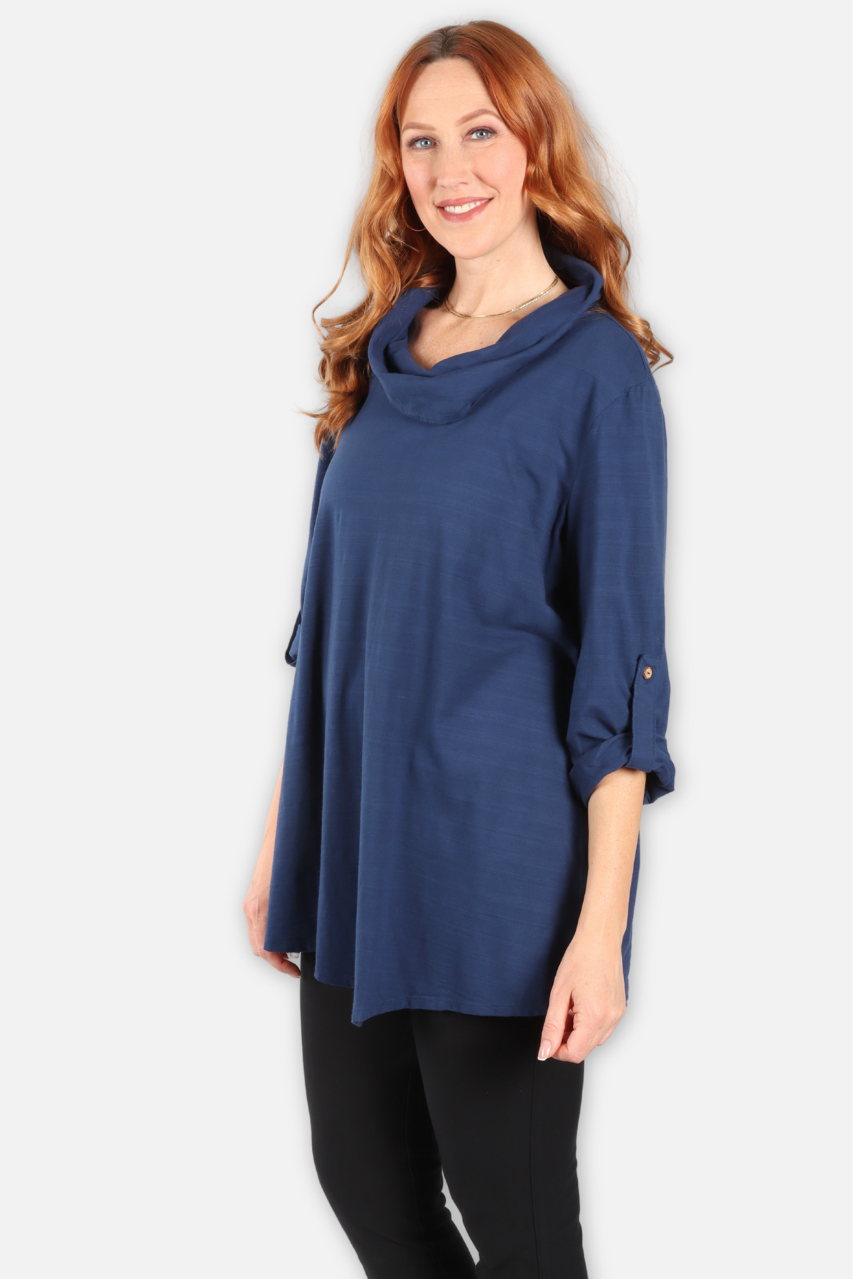 Cowl Neck Asymmetric Tunic - Navy