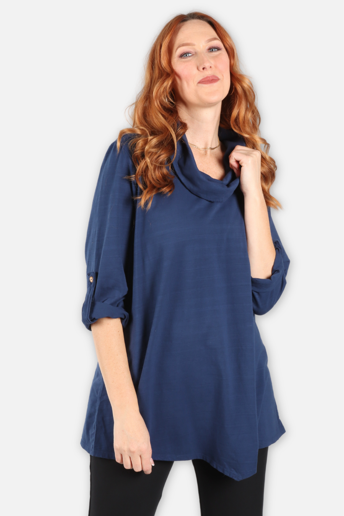 Cowl Neck Asymmetric Tunic - Navy
