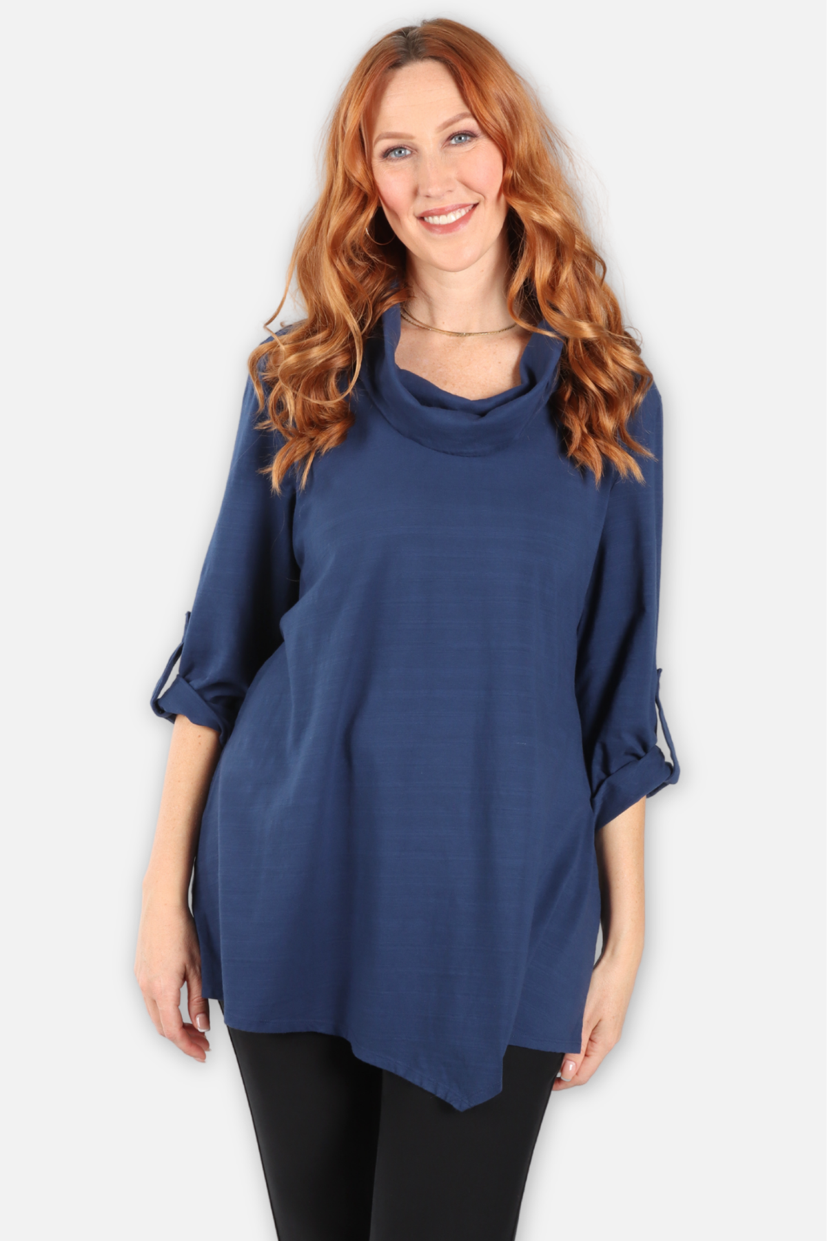 Cowl Neck Asymmetric Tunic - Navy
