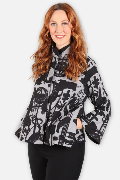 Print Poncho Jacket - Black & Gray