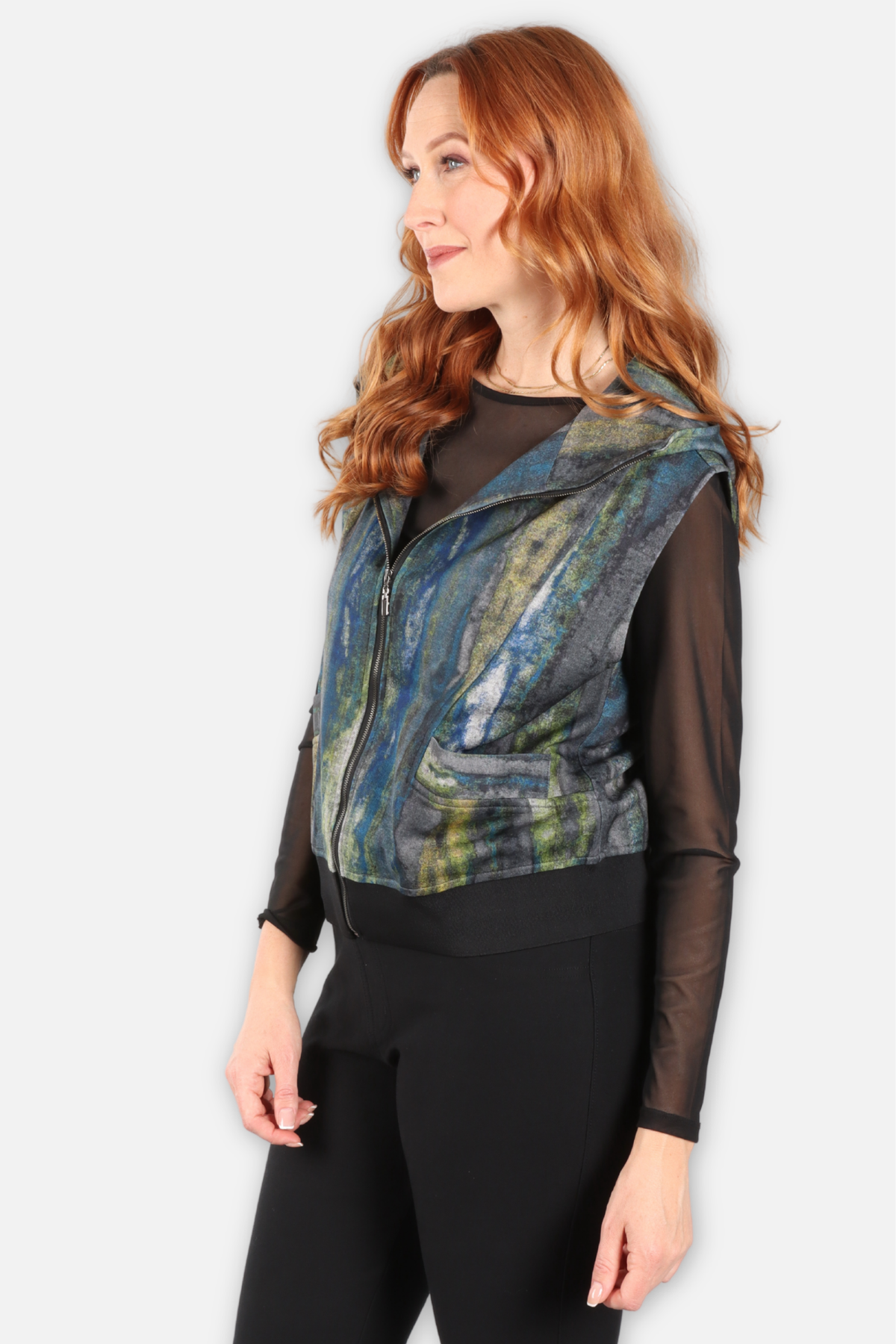 Zip Hooded Vest - Teal Multi