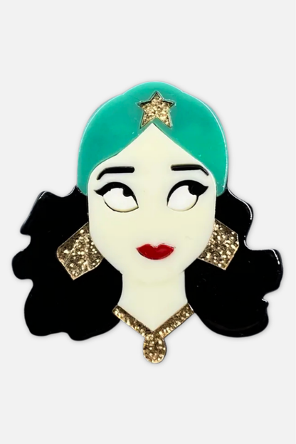 Headscarf Girl Brooch - Turquoise & Gold