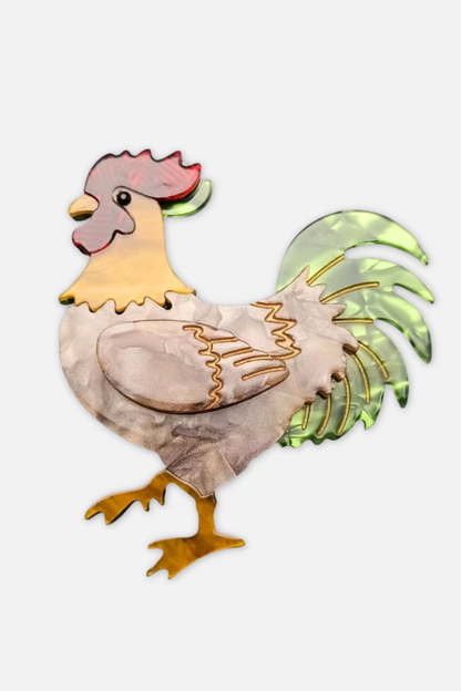 Rooster Brooch - Brown Multi