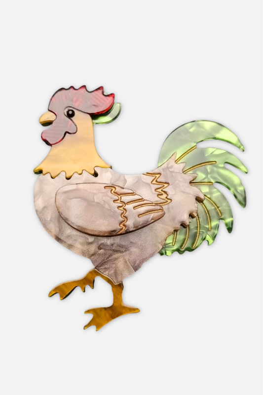 Rooster Brooch - Brown Multi