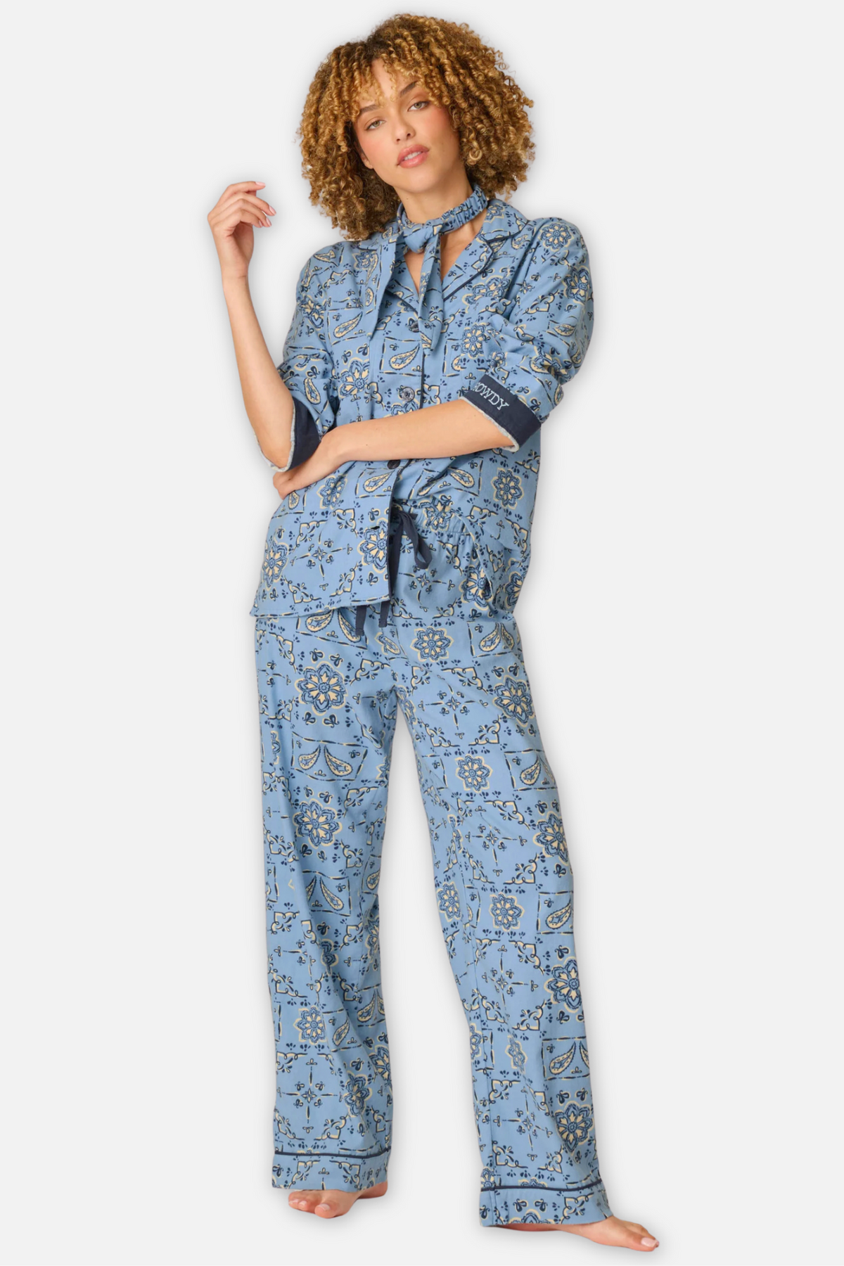 Classic Flannel Pajama Set with Headband  - Howdy Paisley Chambray