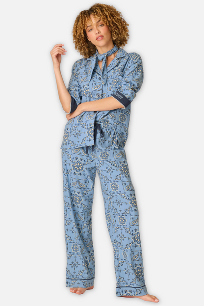 Classic Flannel Pajama Set with Headband  - Howdy Paisley Chambray