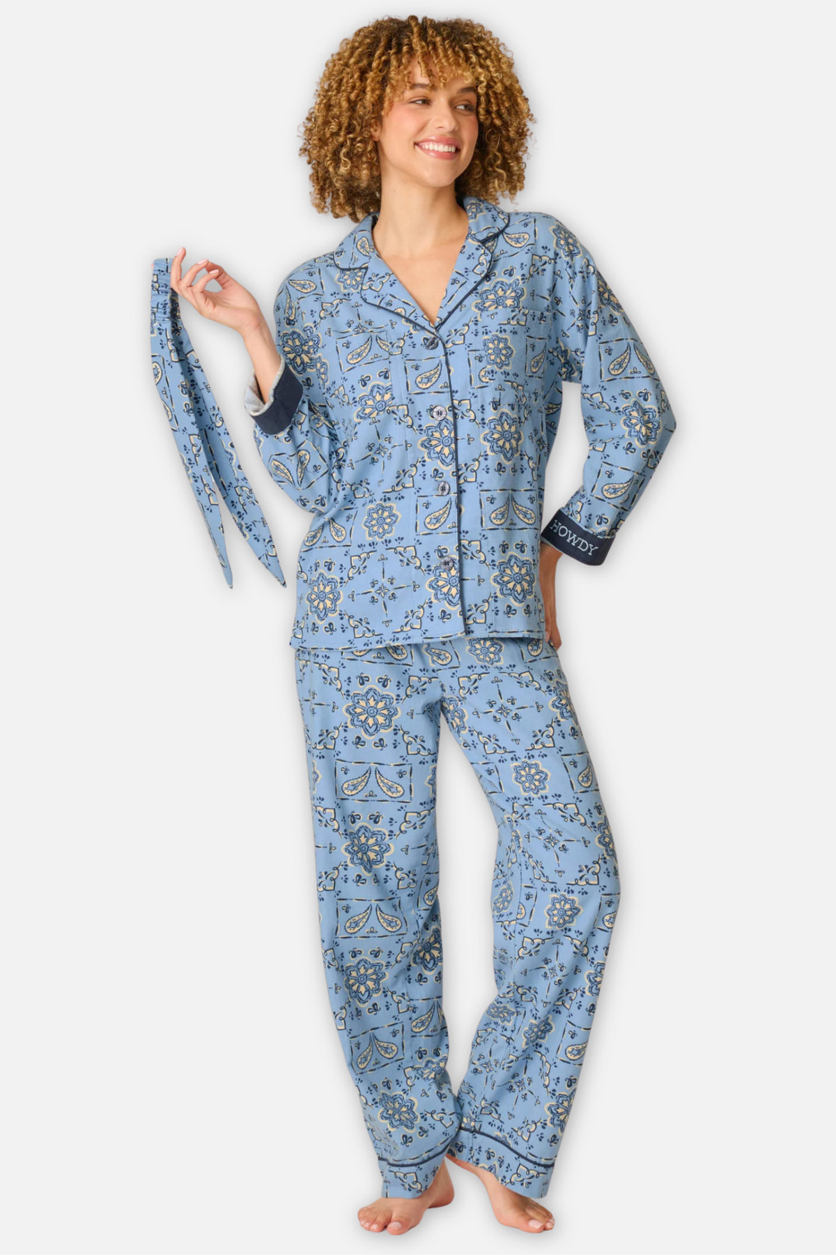 Classic Flannel Pajama Set with Headband  - Howdy Paisley Chambray