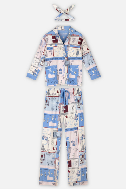 Classic Flannel Pajama Set with Headband - Bonjour Dove Blue
