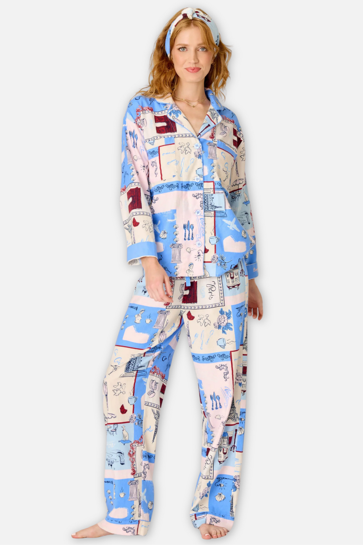 Classic Flannel Pajama Set with Headband - Bonjour Dove Blue