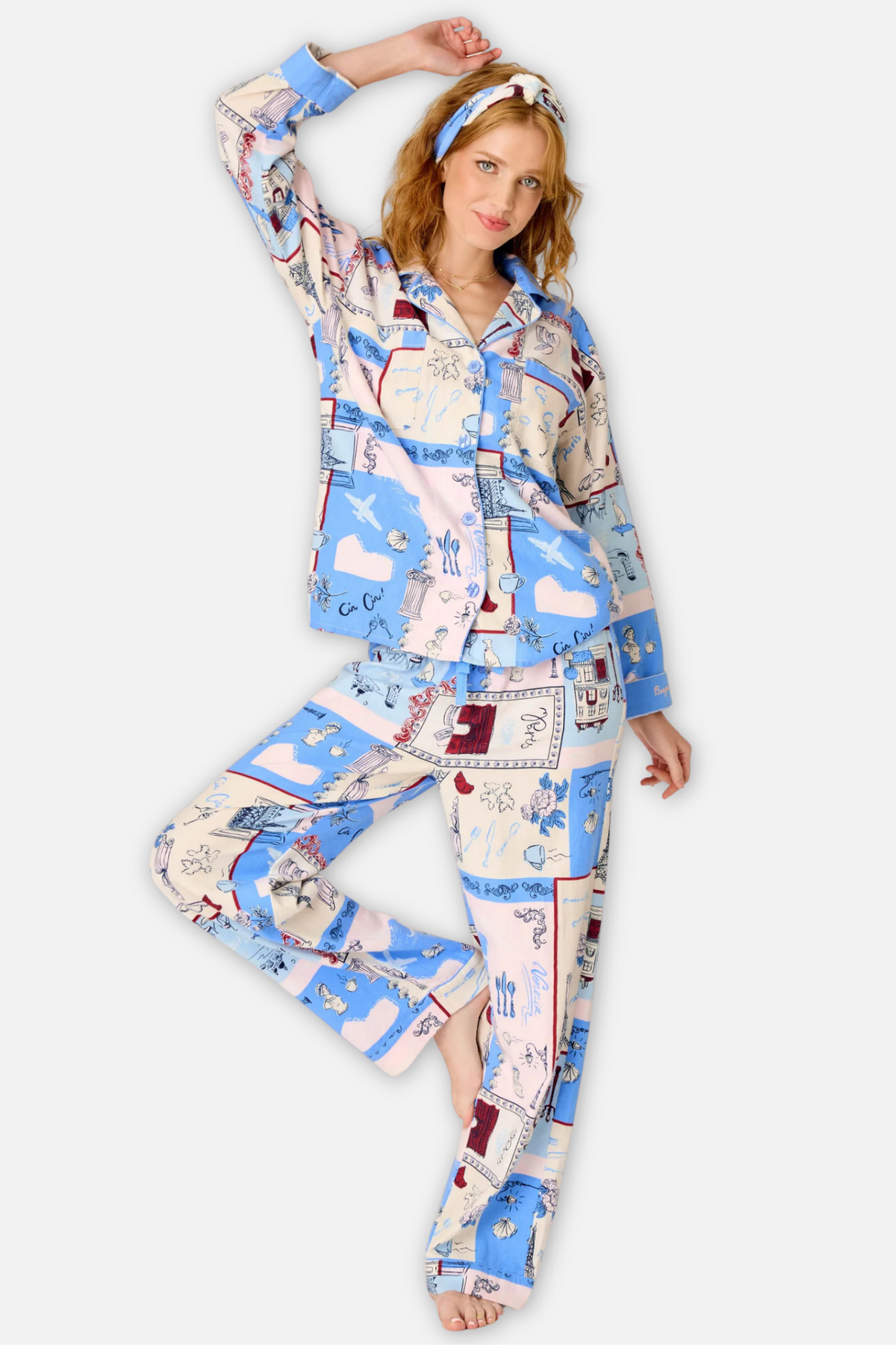 Classic Flannel Pajama Set with Headband - Bonjour Dove Blue