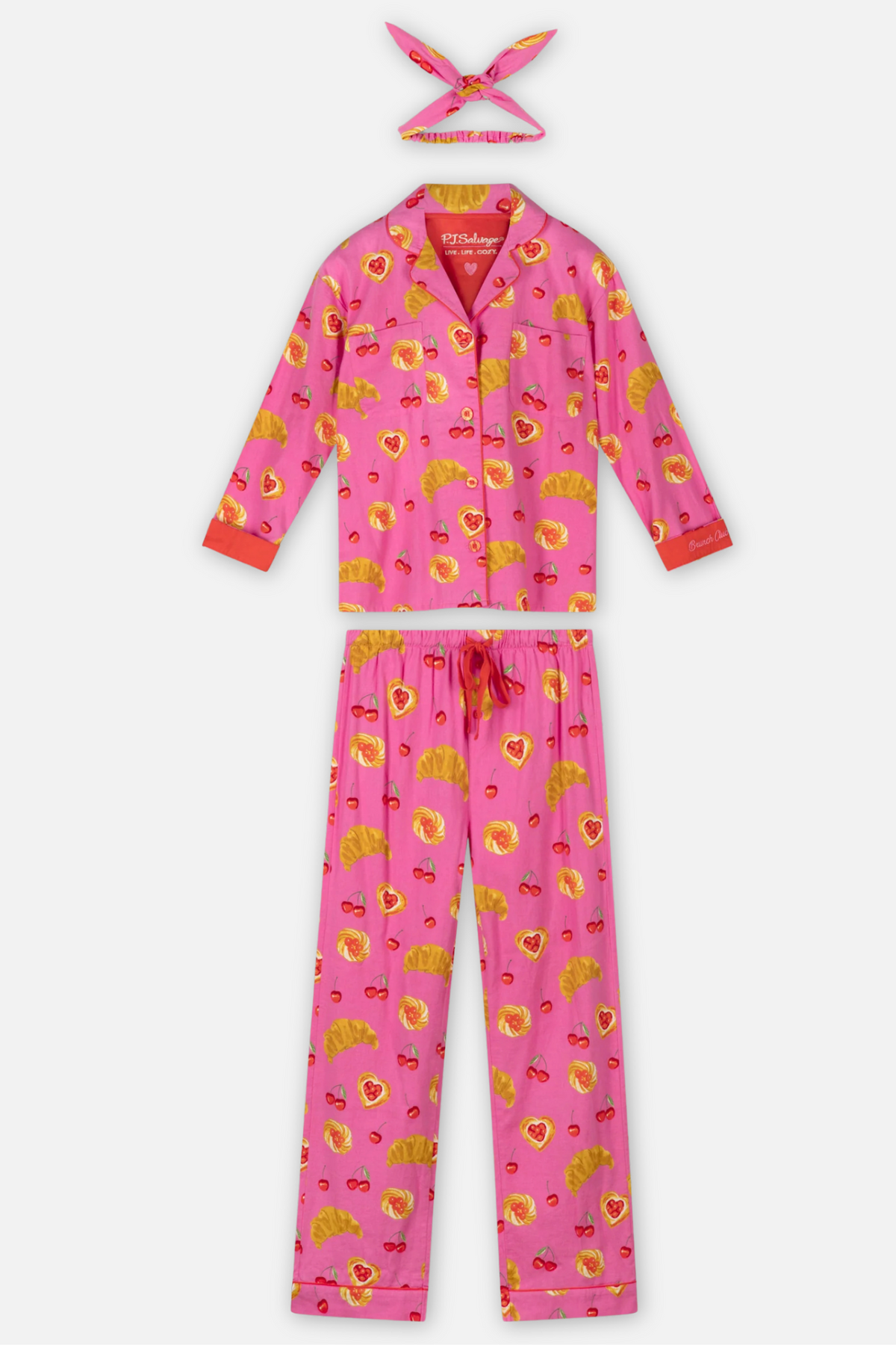 Classic Flannel Pajama Set with Headband - Brunch Club Pink Rose