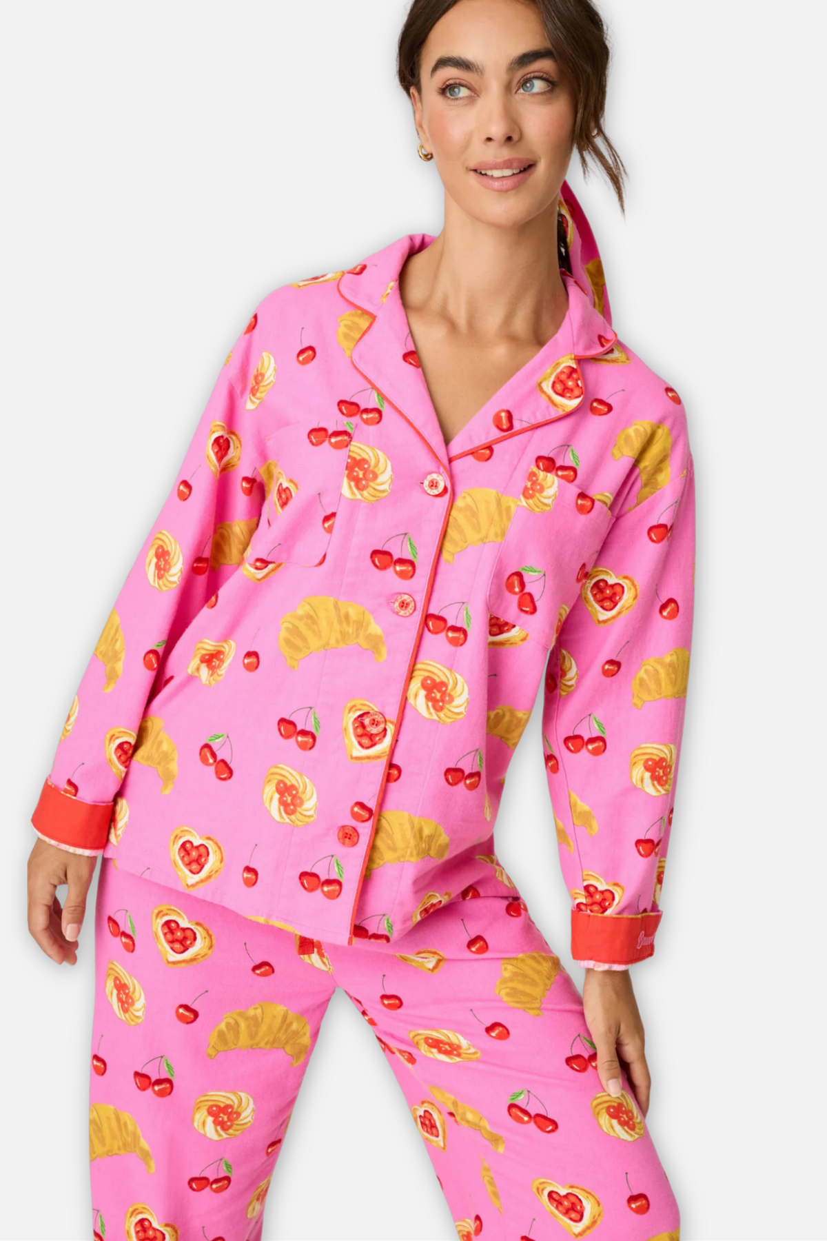 Classic Flannel Pajama Set with Headband - Brunch Club Pink Rose