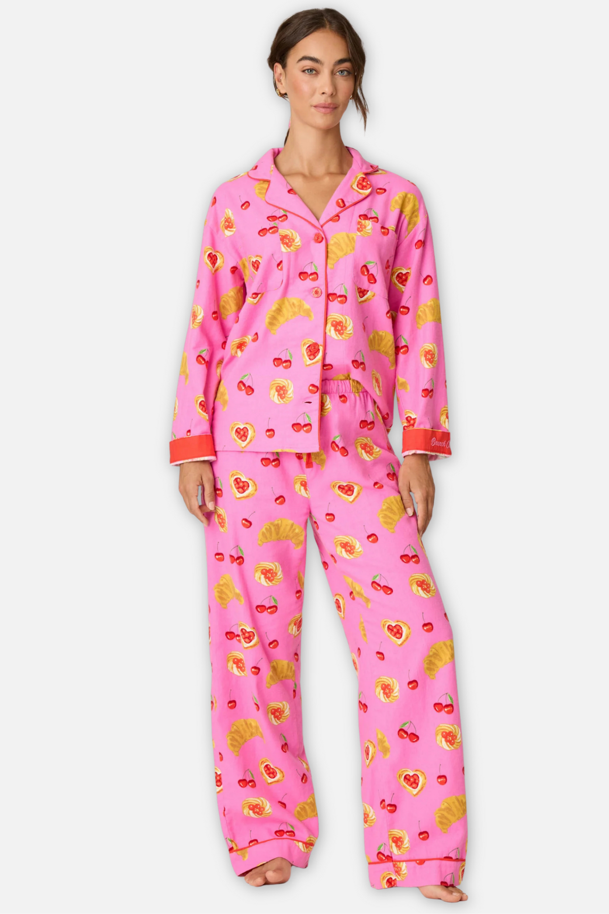 Classic Flannel Pajama Set with Headband - Brunch Club Pink Rose