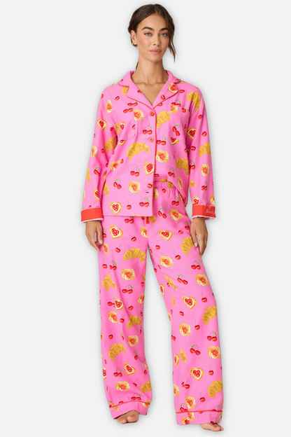 Classic Flannel Pajama Set with Headband - Brunch Club Pink Rose