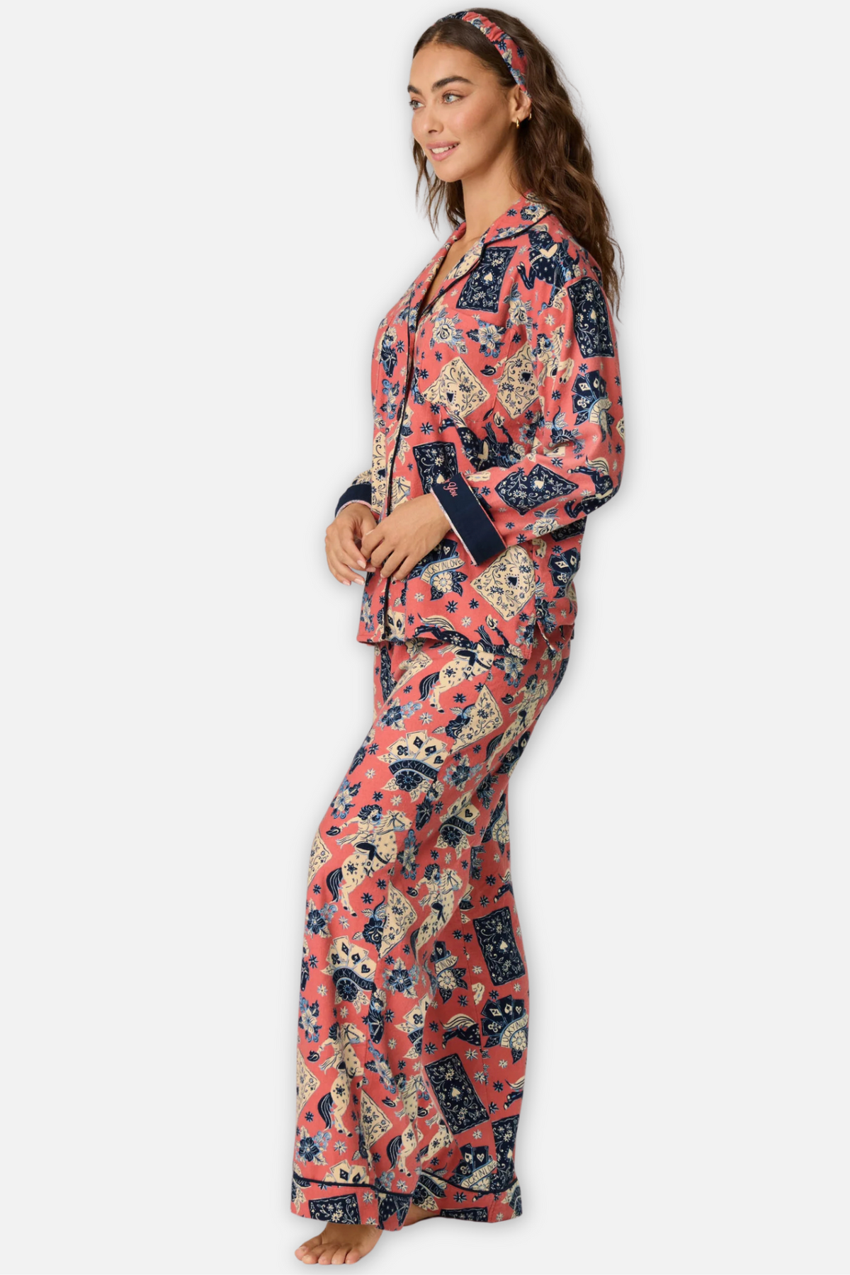 Classic Flannel Pajama Set with Headband - Lucky You Dark Rose