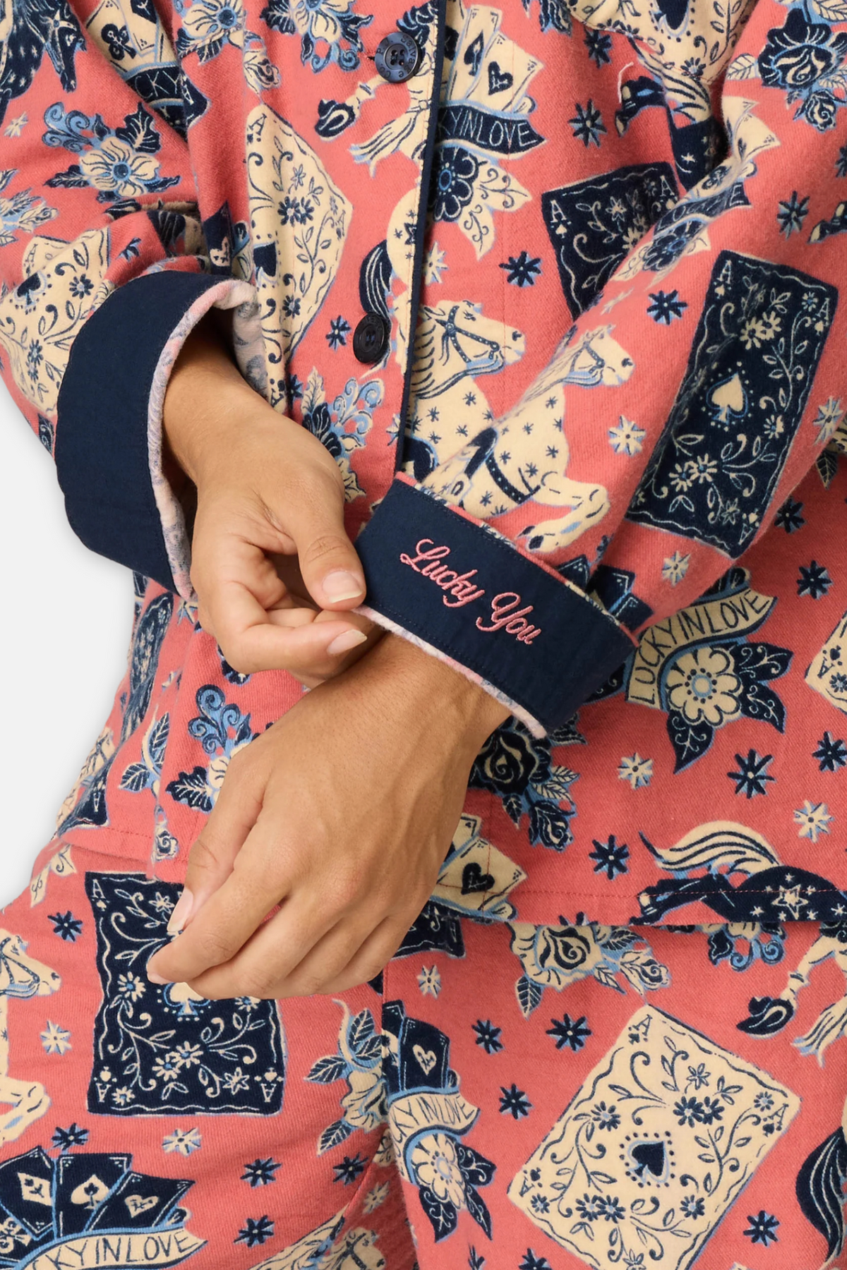 Classic Flannel Pajama Set with Headband - Lucky You Dark Rose