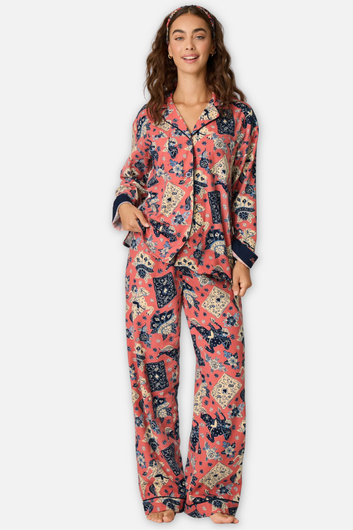 Classic Flannel Pajama Set with Headband - Lucky You Dark Rose