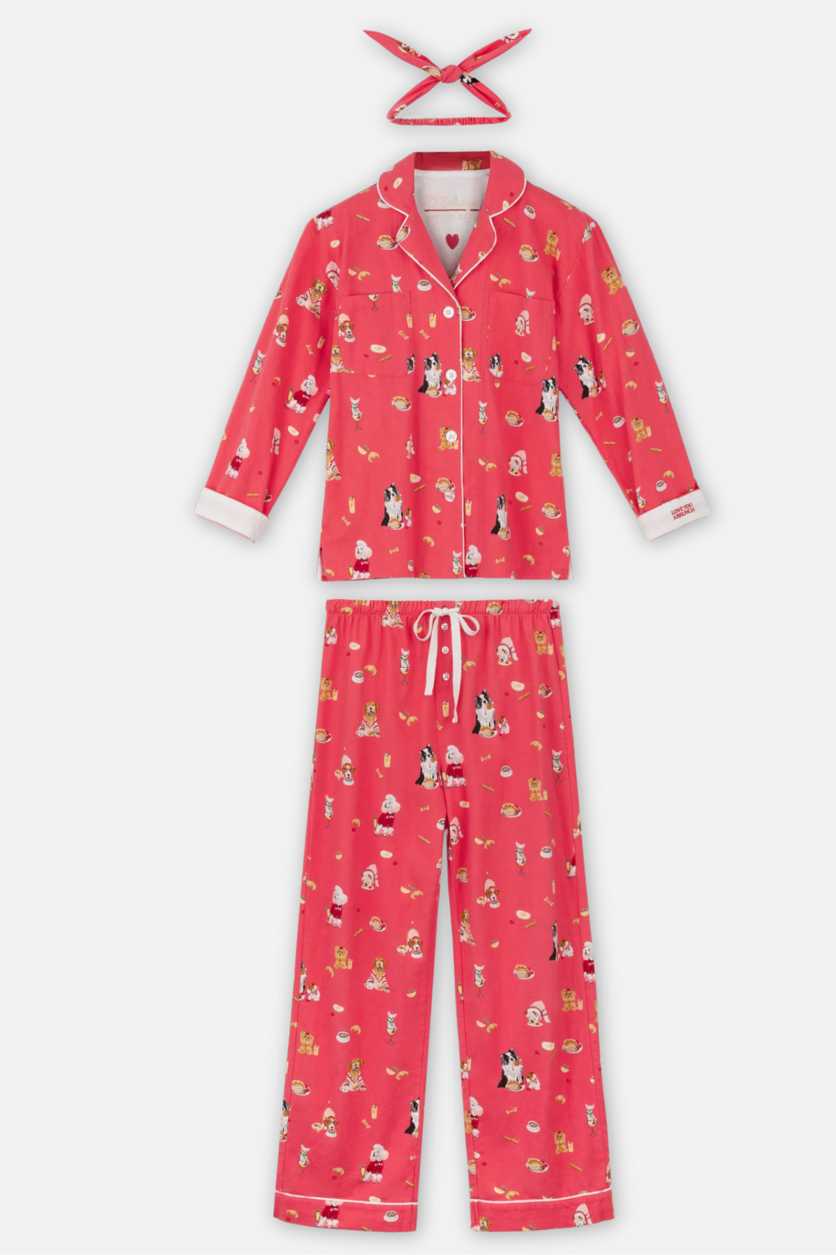 Classic Flannel Pajama Set with Headband - Love You a Brunch Dogs Dark Coral