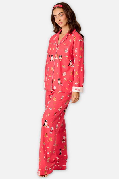 Classic Flannel Pajama Set with Headband - Love You a Brunch Dogs Dark Coral
