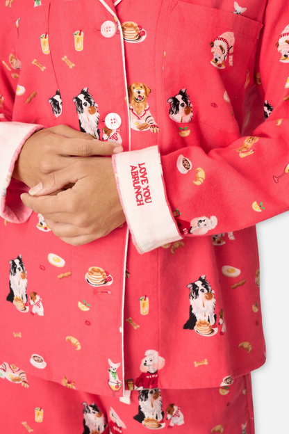 Classic Flannel Pajama Set with Headband - Love You a Brunch Dogs Dark Coral