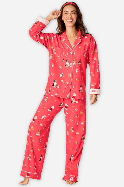 Classic Flannel Pajama Set with Headband - Love You a Brunch Dogs Dark Coral